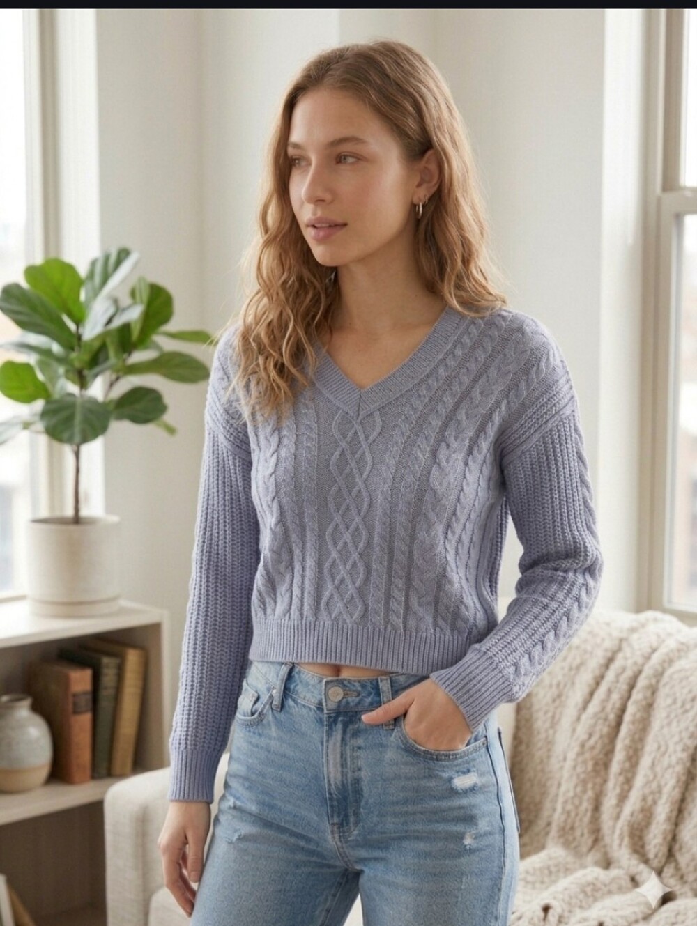 V-Neck Cable Knit Sweater - Light Lavender